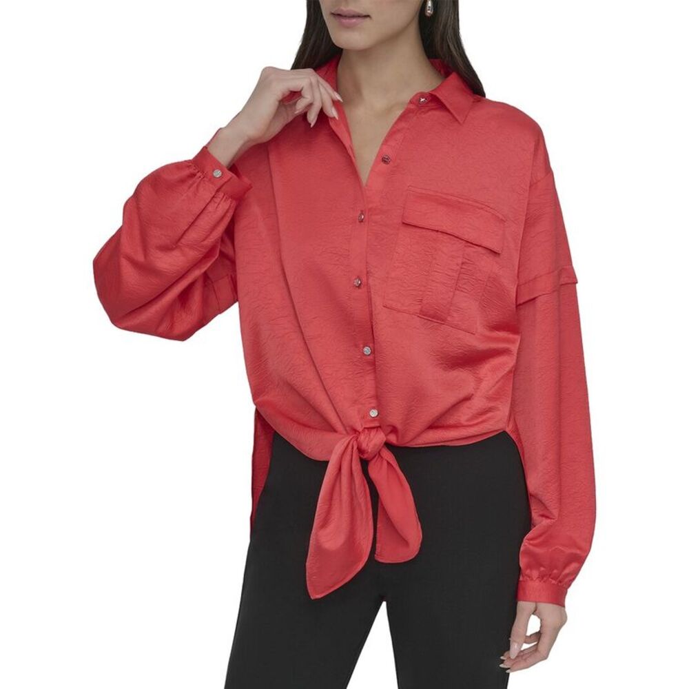 Dkny Womens Nail Crease Tie-Front Top, White